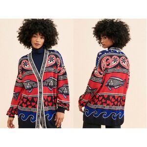FARM Rio Mixed Prints Fair Isle Cardigan Sweater M Fish Hearts Waves Red Blue
